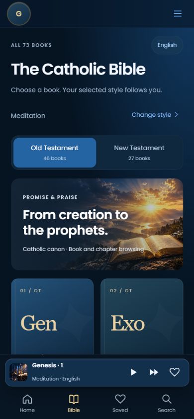 The app’s Bible book and chapter browsing screen